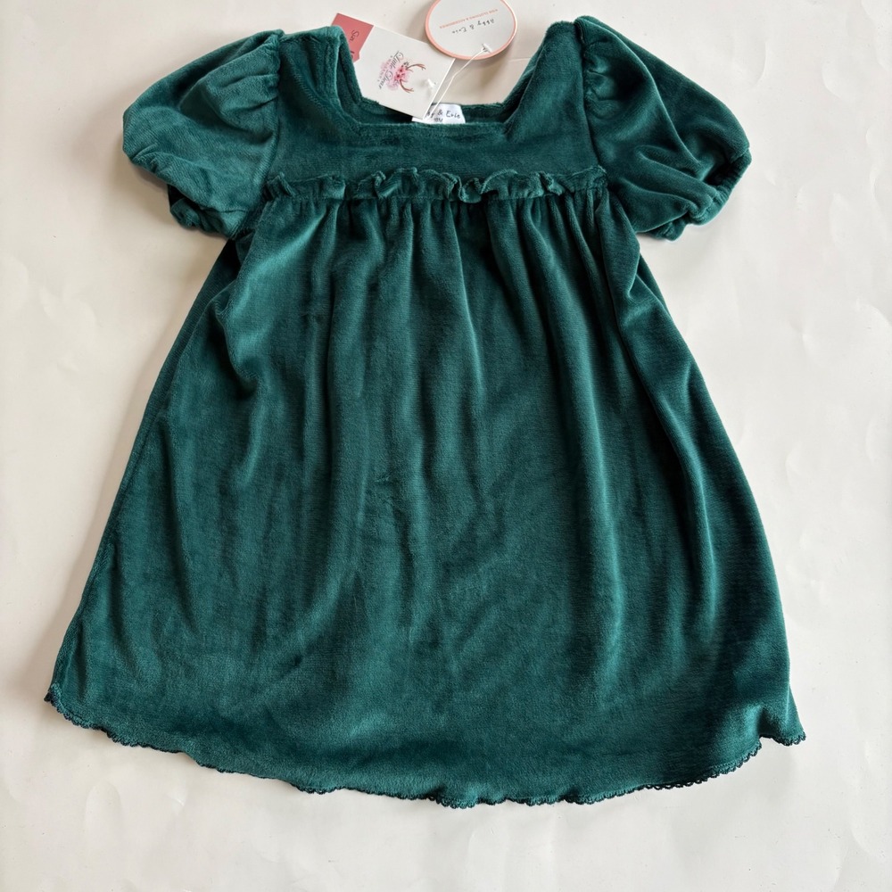Abby & Evie Infant Girls 18M Hunter Green Velour Dress Ruffle‎ Xmas Boutique NEW